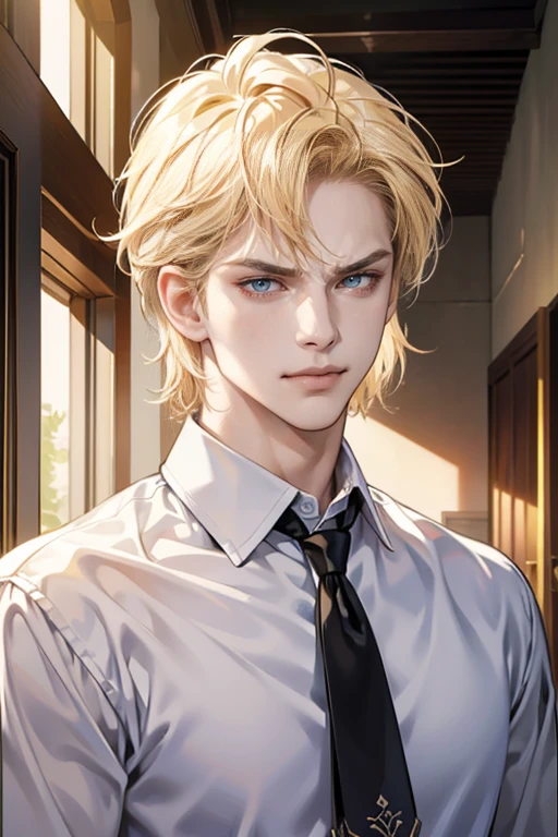 (tmasterpiece, high resolution, ultra - detailed:1.0), (male, masculine face), Perfect male body, tall and strong, Adult male, Delicate eyes and delicate face, Extremely detailed CG, Unity 8k wallpaper, Complicated details, Detailed face, (blond hair, messy hair, serious faces, white shirts,Bad students), (frown,evil smile:1.3), stad in school corridor, street style, color difference, Depth of field, dramatic shadow, Ray tracing, Best quality, Cinematic lighting, offcial art,Portrait
