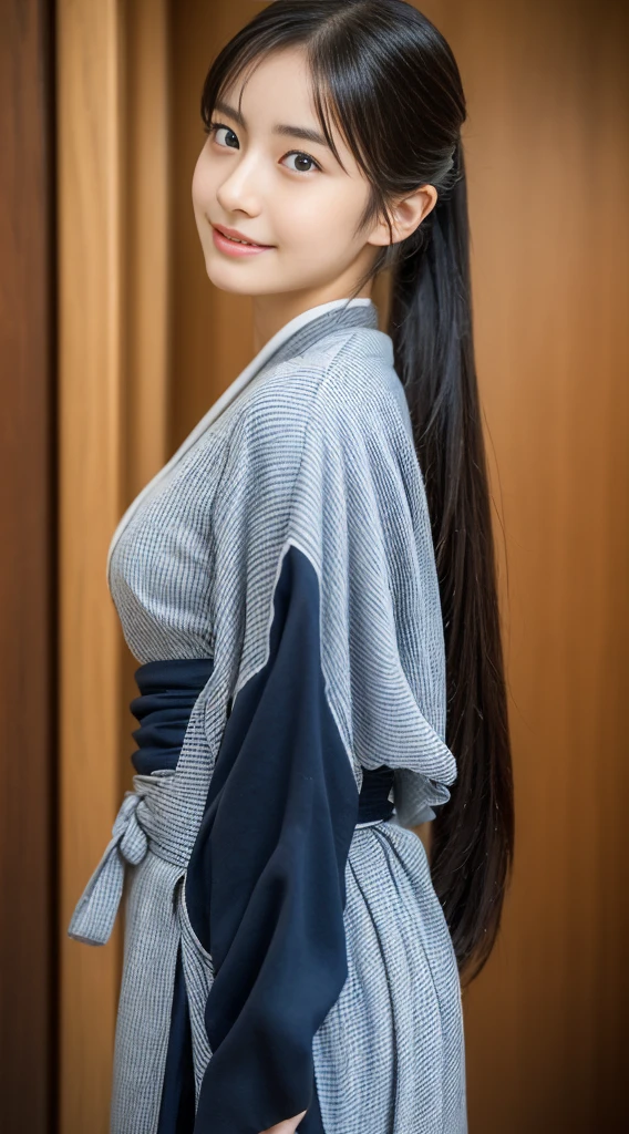 (((32ｋ,high detal,high-detail、​masterpiece,Attention to detail,full body Esbian,solo))),Raw photo & realistic atmosphere,beautiful dark blue eyes,Detailed mouth,Glossy lips,Detailed eyebrows,Eyes drawn in detail with soft white skin that shines in every detail、Very beautiful eyes with azure eyes,Detailed lips、Very beautiful face,Very well-formed face、Lifelike face,shiny beautiful lips,Beautiful eyebrows,Infinite reality, Realistic Young Gravure Idol,Very cute high school girl, , Young Sensual Gravure Idol, Young Gravure Idol, extremely beautiful and cute１7 year old ,with a flushed face,Incredibly beautiful and classy１7 year old beautiful girl,natural soft light,（Black shiny hair,,bare-legged,Kendo kimono and hakama,Beautiful kind eyes：1.5）,（youthfulness,Wearing kendo armor,Beautiful smooth legs,Exposed thighs,Thighs protruding from hakama,Gentle smile,well-shaped breasts,,Immature body,Japan Kendo Kimono,Kendo Match,Japanese style semi-long ponytail hair,Bunk your hair high and tie it into one,Beautiful posture,posterior view,facing back,no-makeup,woman samurai,woman swordsman：1.6）