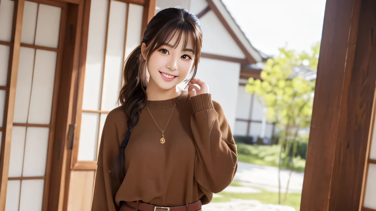 Produce the highest quality and highest resolution 8K images。The model is a 20-year-old Japanese woman.。She has brown eyes and a model figure.、She has an idol-level cute face.。The hair is in a ponytail。Skin has a healthy color。Clothes、6Dressed for the month。She is smiling and posing for the camera。