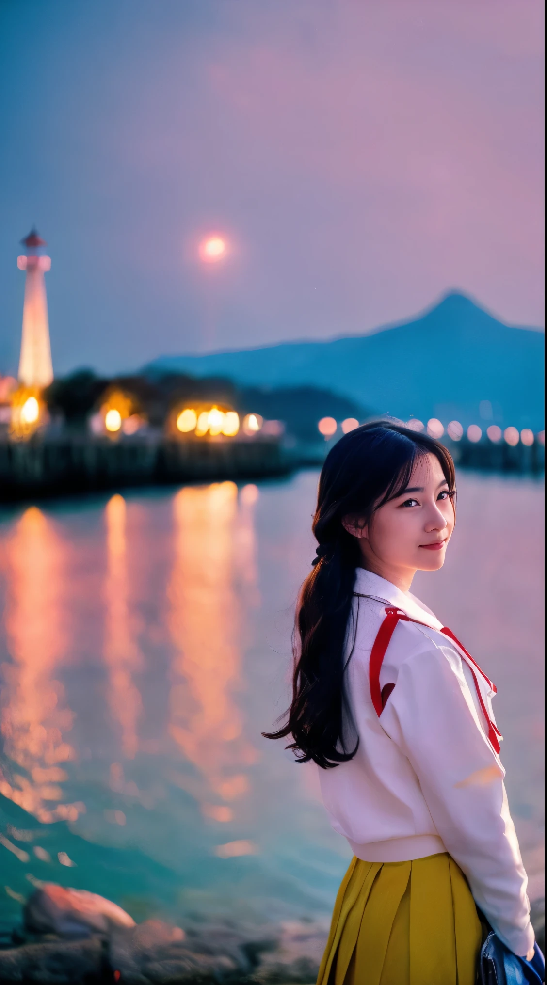 cinematic film still, 1girl, solo, little smile, beach,(sunset:1.1), rio_kitagawa(gravure idol), solo, star hair ornament, twin braids,sparkle, from behind, looking back, huge sunset,red floating, uniform, night, waving, sea, 1 lighthouse, . shallow depth of field, vignette, highly detailed, high budget, bokeh, cinemascope, moody, epic, gorgeous
