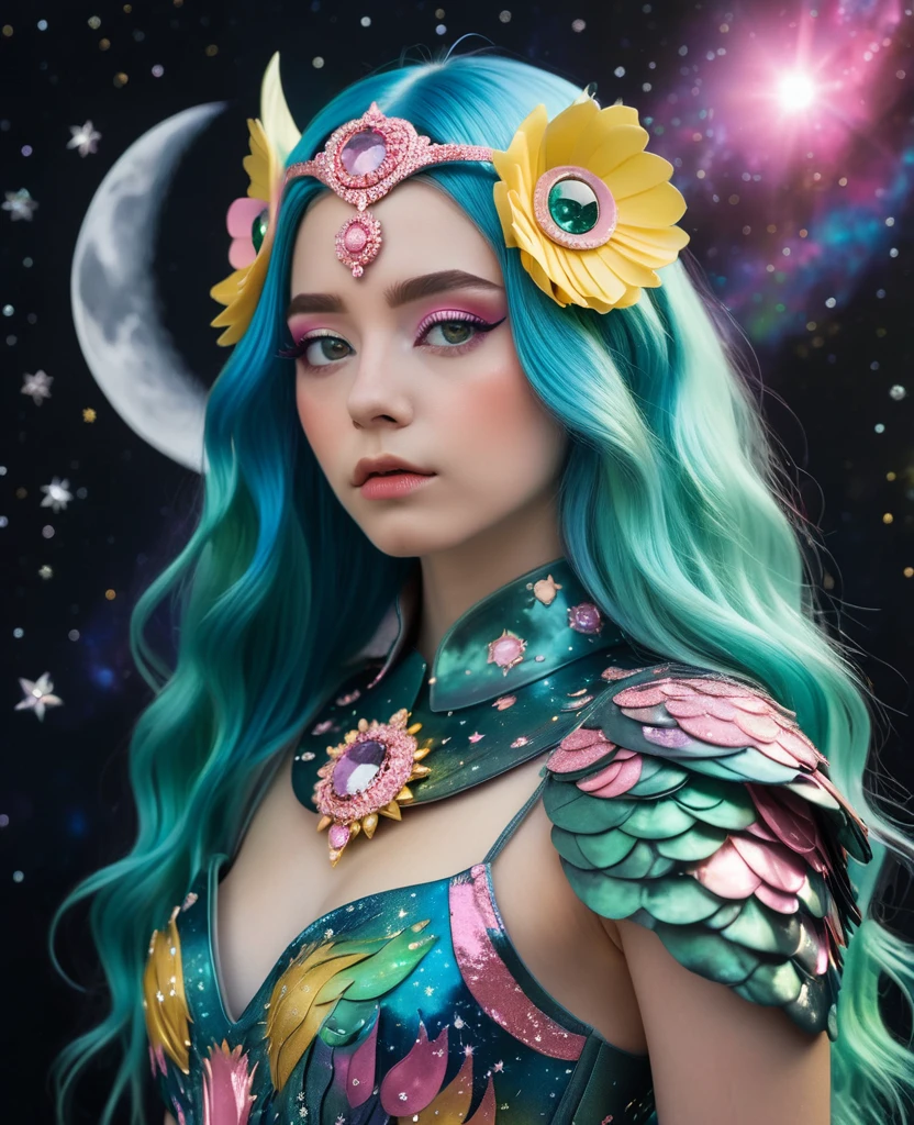 ((Surrounded by the Moon beams)) in side a Crater ((Eyes closed)) wearing an armour dress with galaxies on the surface ((holding a pink owl with green eyes. Yellow short beak. ((Is a girl with long teal mix blue hair and pink oyster diamond covered hairclips in her hair