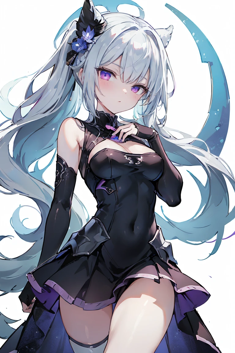1girl, anime, cute girl, blank background, white background, fantasy, detailed fantasy dress with highlights, beautiful face, beautiful eyes, dark colors, black hair with multicolor streaks, red eye with different color pupil in eye, multicolor eye, medium breasts, slight cleavage, beautiful skin, cute, breast curtains, extremely delicate and beautiful, (beautiful detailed face:1.0), (detailed deep eyes), symmetrical breasts, deep eyes, shiny skin, portrait, slender waist, hips wider than shoulders, thighs, expressionless, young girl, luminous eyes, adorable,(Kpop idol),(aegyo sal:1),(Platinum blonde hair:1),((puffy eye)),Black panty,sexy posture,Superskirt, Ultra-high resolution,Black collar,slim figure, Abdominal y tattoo, womb tattoo,Tight-fitting leg ring,y tattoo on half-body,Bare skin, Armored hand,Hidden fingertips,Hand covered,Arm covered,Fist covered,{{beautiful detailed fingers}}, tufts of hair, moderate beautiful breast:1.0,(masterpiece:1.2), best quality, high-res, HDR, perfect face, intricate armor, delicate blue filigree, intricate filigree, red metalic parts, detailed part, dynamic pose, dynamic lights, cute face, neutral expression, shuimobysim, lotus, hanfu, maxi skirt, dress conservatively 1girl, solo, long blue hair, standing, One lady,years,((White hair) ,((Normal breasts)), (Shiny purple bodysuit with microskirt),((Fantasy, Moon Night))