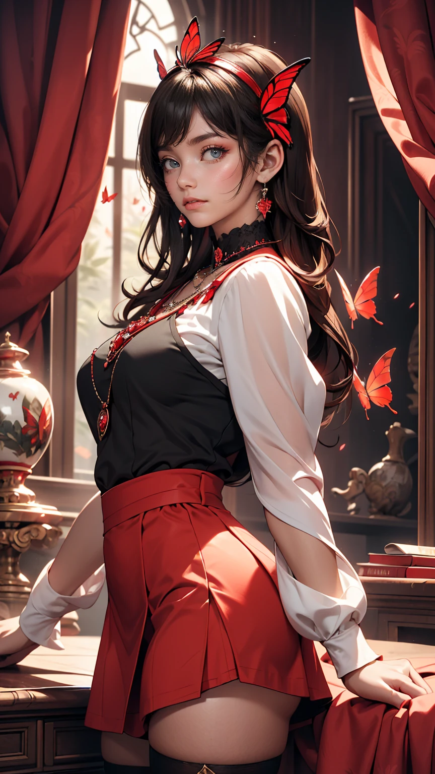 Expressionless,,(Dark fantasy),((Great illustrations)),(Detail Splash), Long black hair, Red pupils, girl, Pure black dress, Collar only, The sleeves and skirt are dark red, A red butterfly barrette is attached to the side of her ear., masterpiece, 最high quality, high quality, Headpiece,, red and black crystal necklace, Black knee socks