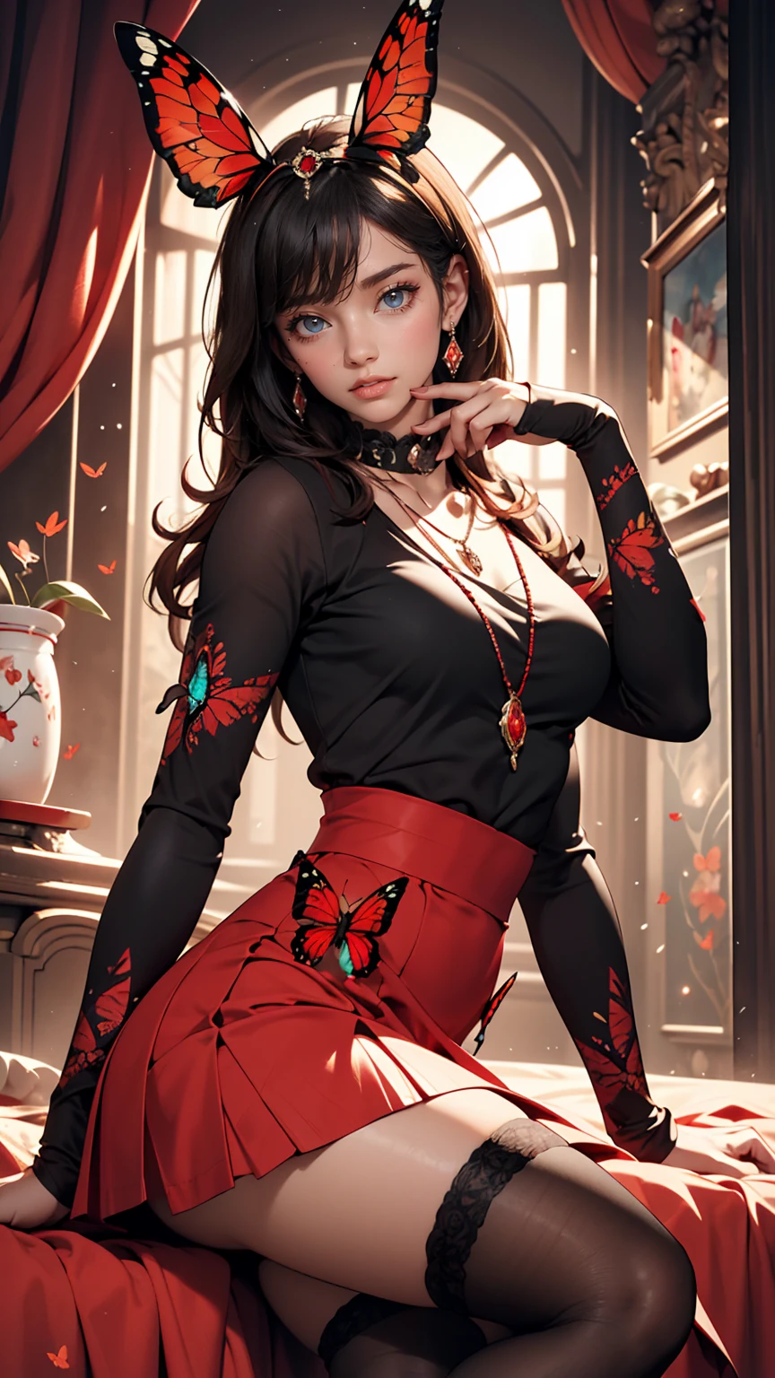 Expressionless,,(Dark fantasy),((Great illustrations)),(Detail Splash), Long black hair, Red pupils, girl, Pure black dress, Collar only, The sleeves and skirt are dark red, A red butterfly barrette is attached to the side of her ear., masterpiece, 最high quality, high quality, Headpiece,, red and black crystal necklace, Black knee socks