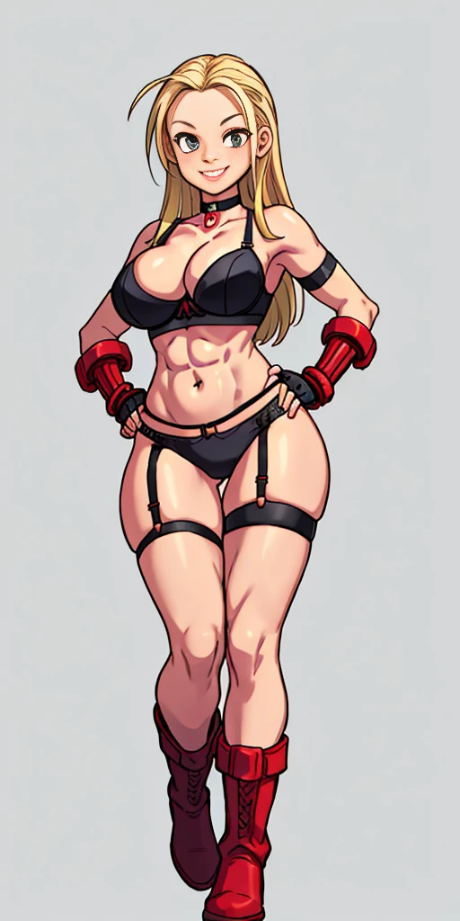 (Masterpiece, 4k, plain background:1.2) Female Cammy White Street Fighter red gloves gauntlets full body standing straight symmetrical feet together looking to the viewer view from behind, 2 crossing big belt under belly button, navel, abs, garter straps belts, bra big knockers, wide hips, thick thighs legs apart from below, smile red cheeks, long messy hair, leather collar choker, high boots bootstraps, sleeves, stockings) ((hands on hips))