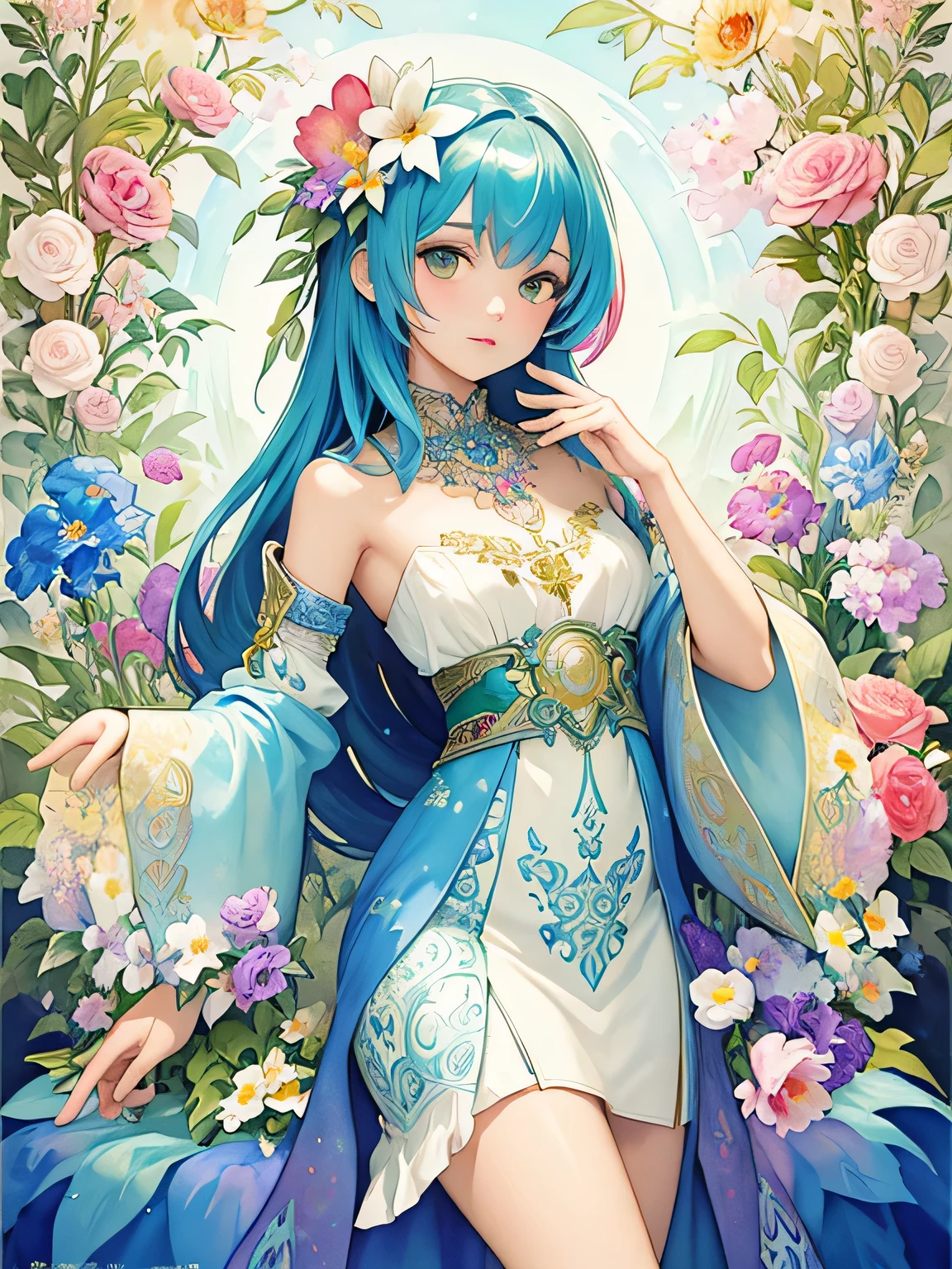 Alphonse Mucha Style、(((stylish fashion))), 8K Quality、Intense watercolor, Detailed watercolor art, Watercolor splash, Surreal, avant-garde pop art, Beautiful and expressive paintings, Beautiful artwork illustration, Very colorful tones, wonderful, Cool beauty, highest quality、Official Art, Vector art, Stylish design, (((The most beautiful girl))), (((highest quality))), HDR, ((detailed)), (((Doodle Art)), ((masterpiece)), ((Super detailed)), (((Colorful flowers))),(((Stylish))),