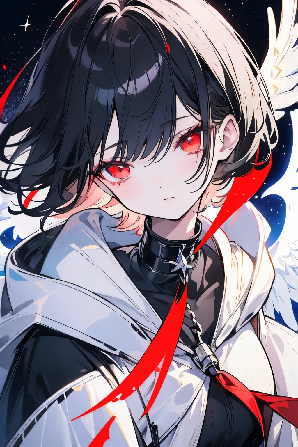 Gentle,(highres,8k,close-up,samdoesarts-style,black short hair,red eyes,detailed facial features,night sky with starry galaxy) high detail,8k,close-up,samdoesarts style,(((a woman with short black hair and red eyes))),((with detailed facial features)),the background is the starry night sky and the Milky Way,1girl,bishoujo,ager,white_skin,shiny_skin,glamor,plump,slender face,air bangs,short hair,black hair,red eyes,half-closed eyes,black_wings,hoodie,full_shot,(sunlight),(angel),dynamic angle, floating, wing, halo, floating white silk,(Holy Light),silver stars,