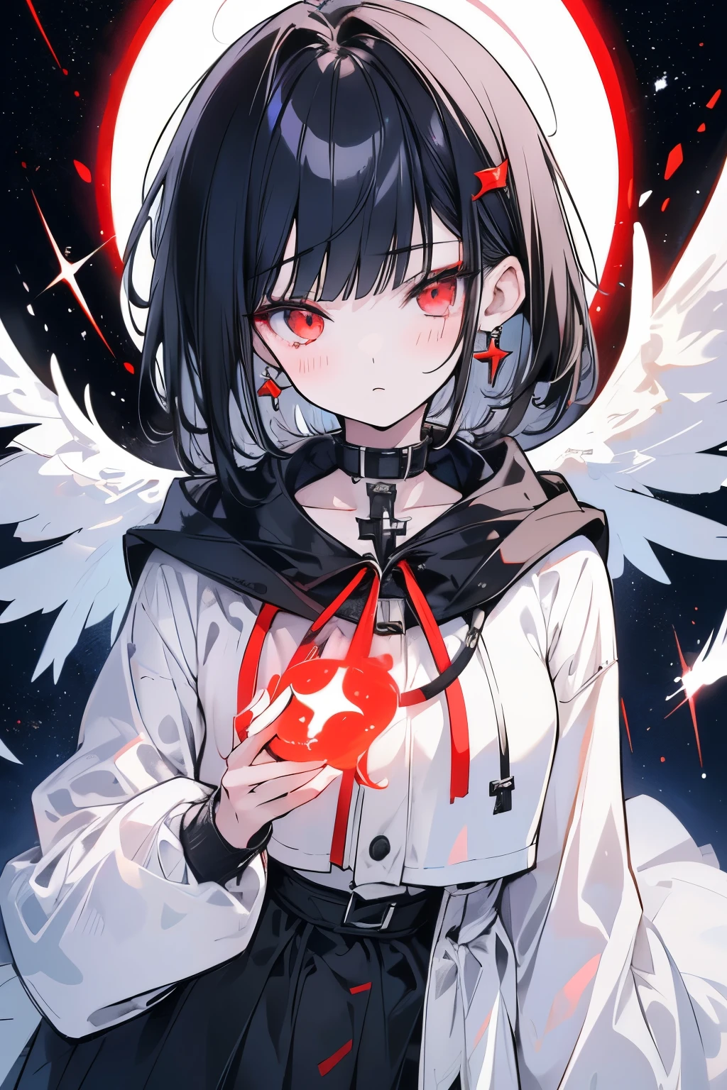 Gentle,(highres,8k,close-up,samdoesarts-style,black short hair,red eyes,detailed facial features,night sky with starry galaxy) high detail,8k,close-up,samdoesarts style,(((a woman with short black hair and red eyes))),((with detailed facial features)),the background is the starry night sky and the Milky Way,1girl,bishoujo,teenager,white_skin,shiny_skin,glamor,plump,slender face,air bangs,short hair,black hair,red eyes,half-closed eyes,black_wings,hoodie,full_shot,(sunlight),(angel),dynamic angle, floating, wing, halo, floating white silk,(Holy Light),silver stars,