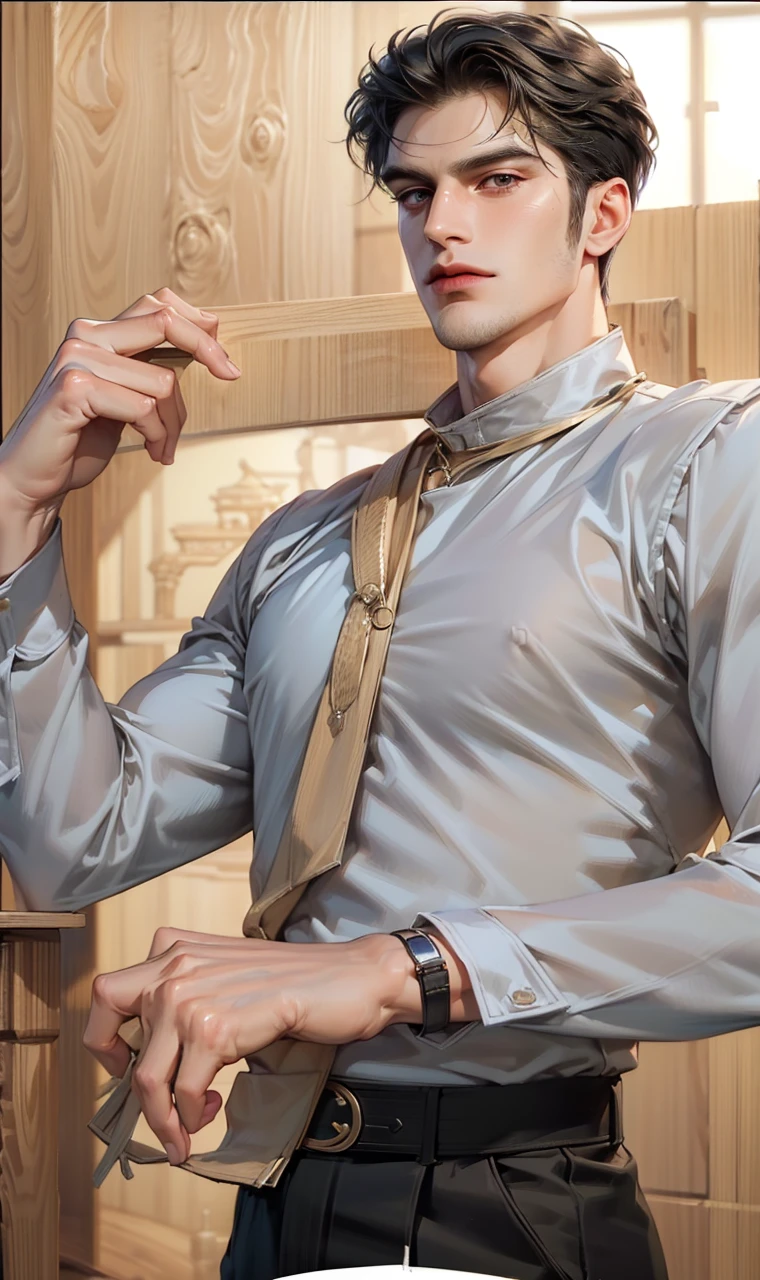 (masterpiece,best quality,ultra_detailed,highres,absurdres),1 mature male, 30-ish, (wide shoulder), ((no chest hair)), male focus, solo, dark black hair ,black eyes, short hair, looking at viewer, realistic, muscular,