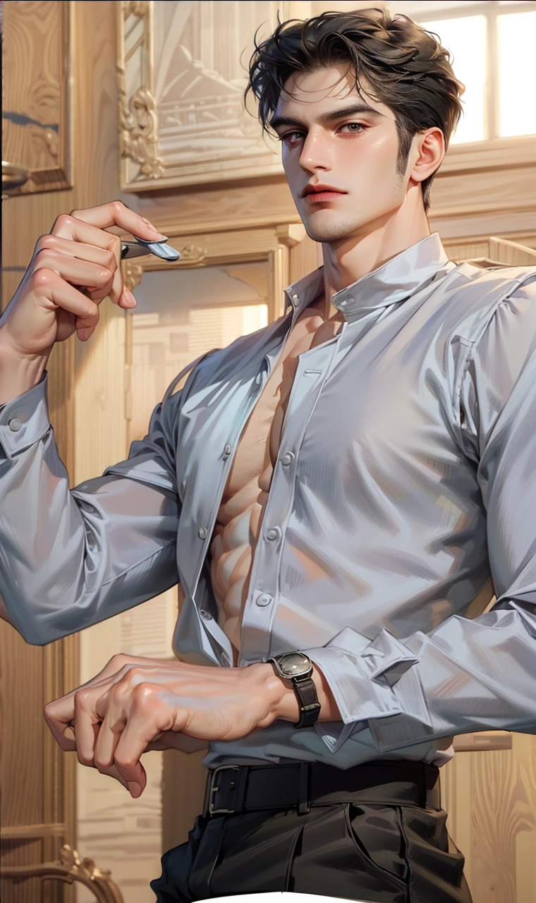 (masterpiece,best quality,ultra_detailed,highres,absurdres),1 mature male, 30-ish, (wide shoulder), ((no chest hair)), male focus, solo, dark black hair ,black eyes, short hair, looking at viewer, realistic, muscular,