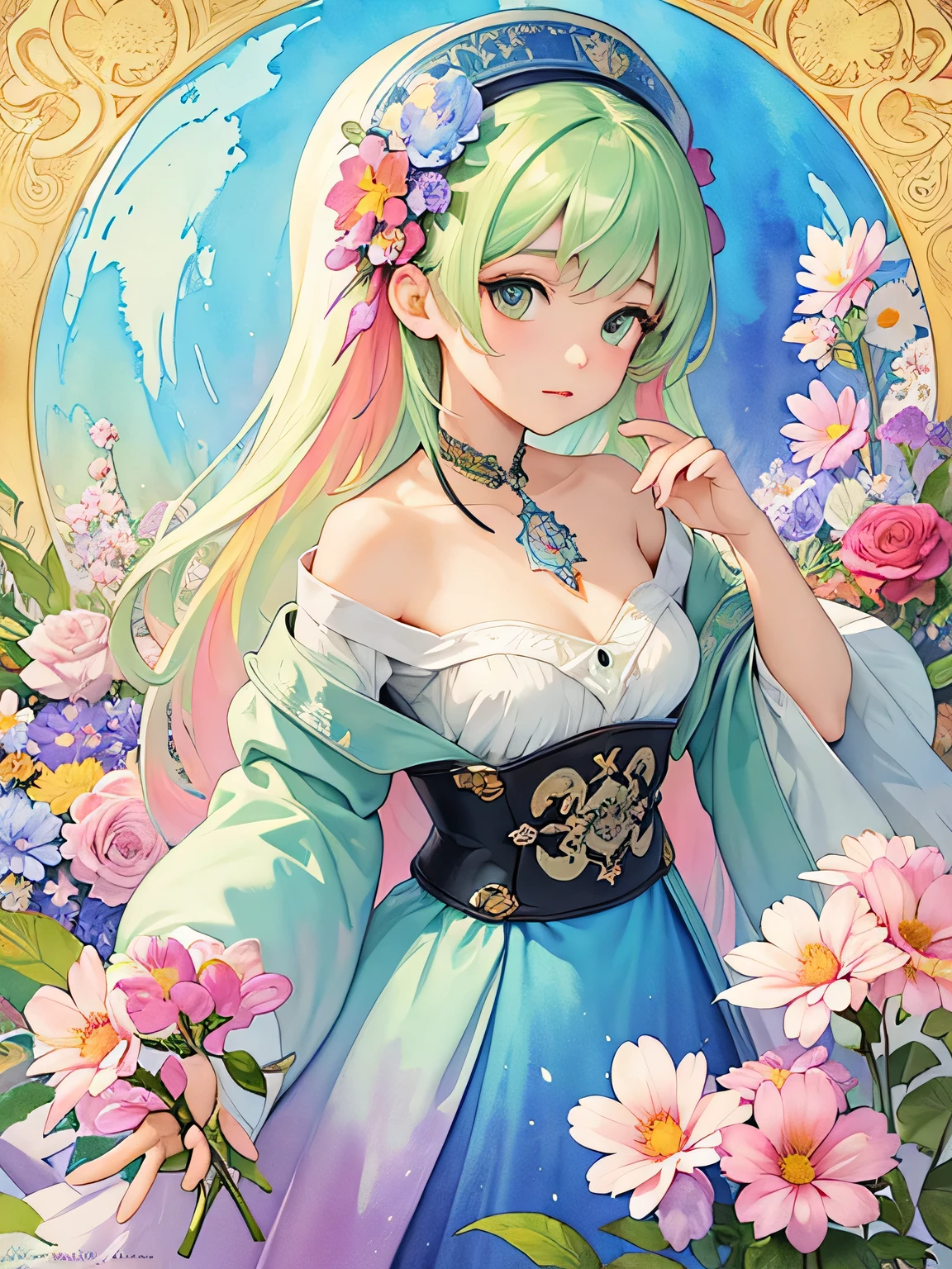 Alphonse Mucha Style、(((stylish fashion))), 8K Quality、Intense watercolor, Detailed watercolor art, Watercolor splash, Surreal, avant-garde pop art, Beautiful and expressive paintings, Beautiful artwork illustration, Very colorful tones, wonderful, Cool beauty, highest quality、Official Art, Vector art, Stylish design, (((The most beautiful girl))), (((highest quality))), HDR, ((detailed)), (((Doodle Art)), ((masterpiece)), ((Super detailed)), (((Colorful flowers))),(((Stylish))),