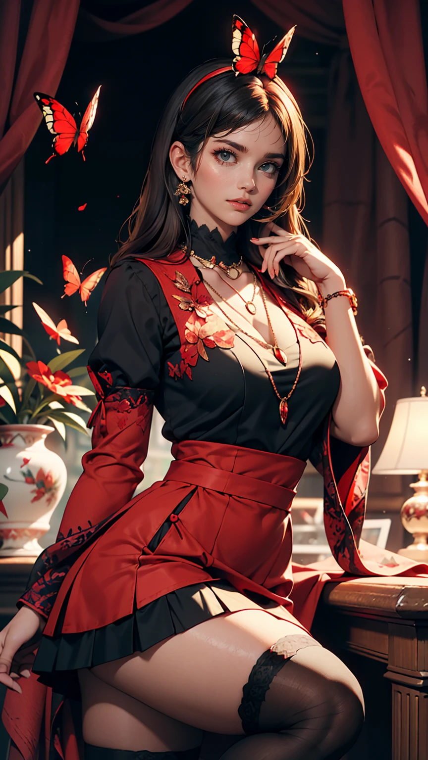 Expressionless,,(Dark fantasy),((Great illustrations)),(Detail Splash), Long black hair, Red pupils, girl, Pure black dress, Collar only, The sleeves and skirt are dark red, A red butterfly barrette is attached to the side of her ear., masterpiece, 最high quality, high quality, Headpiece,, red and black crystal necklace, Black knee socks