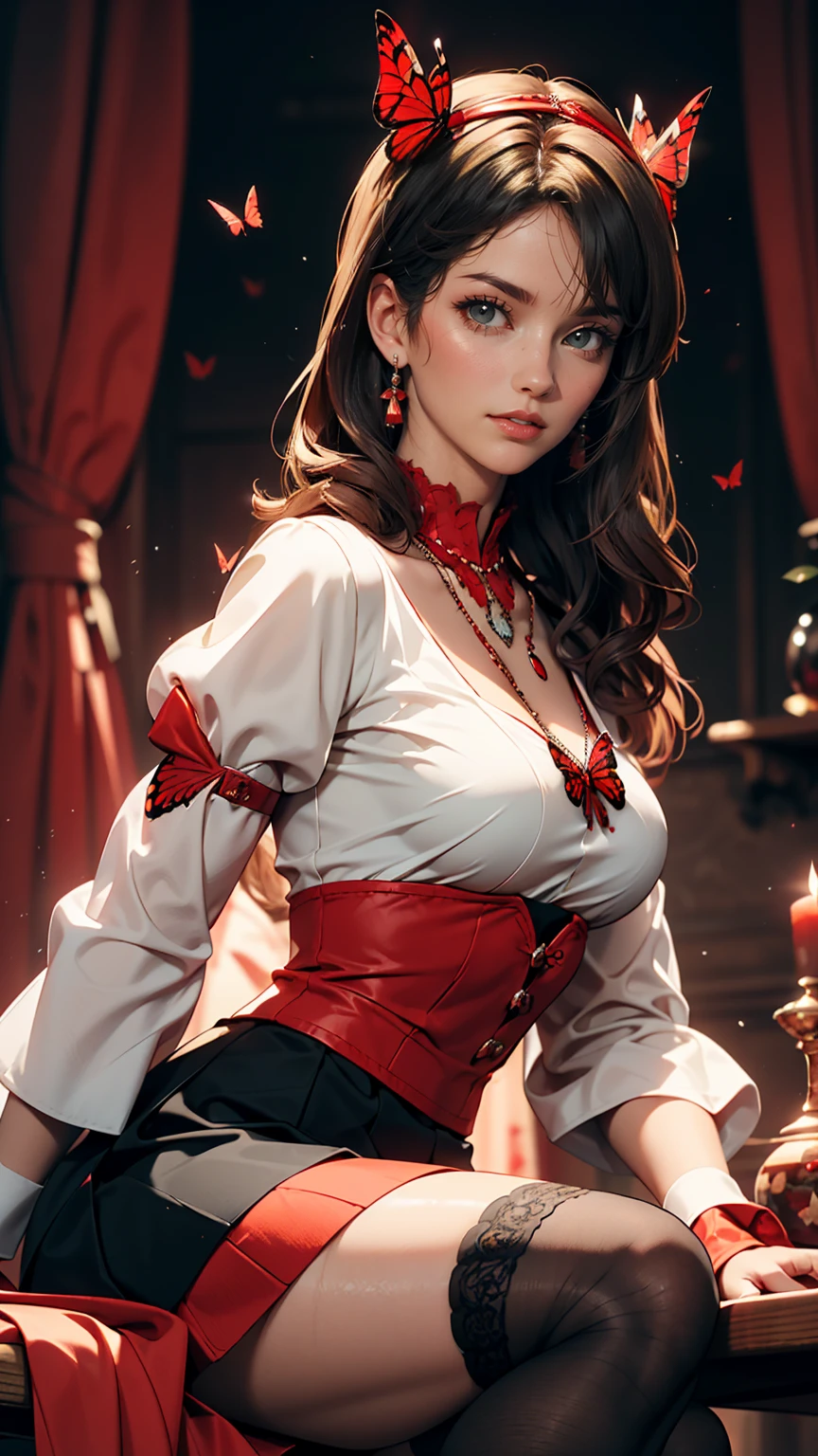 Expressionless,,(Dark fantasy),((Great illustrations)),(Detail Splash), Long black hair, Red pupils, girl, Pure black dress, Collar only, The sleeves and skirt are dark red, A red butterfly barrette is attached to the side of her ear., masterpiece, 最high quality, high quality, Headpiece,, red and black crystal necklace, Black knee socks