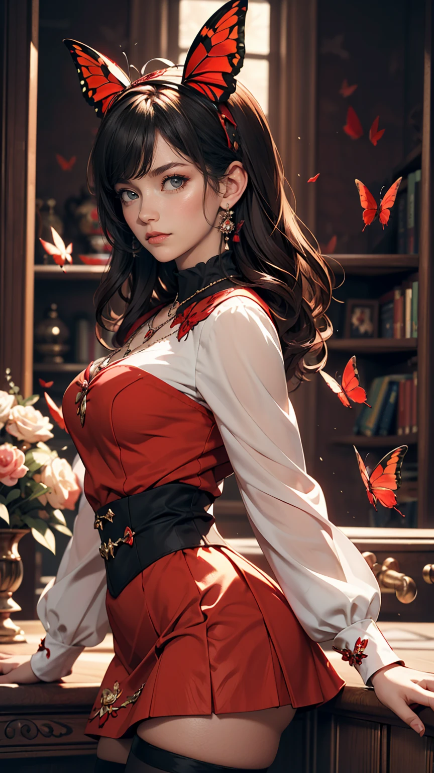 Expressionless,,(Dark fantasy),((Great illustrations)),(Detail Splash), Long black hair, Red pupils, girl, Pure black dress, Collar only, The sleeves and skirt are dark red, A red butterfly barrette is attached to the side of her ear., masterpiece, 最high quality, high quality, Headpiece,, red and black crystal necklace, Black knee socks