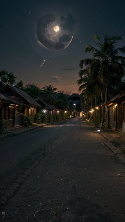arafed view of a street with a full moon in the sky, moonlit kerala village, at night time, at night with moon light, nightime village background, scenic view at night, at night with full moon, it is night time, cinematic lighting at night, at nighttime, night time photography, villages ， unreal engine, quiet and serene atmosphere
