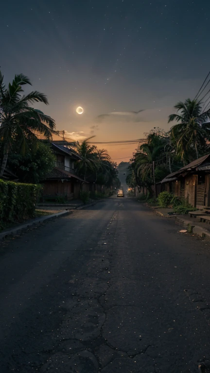 arafed view of a street with a full moon in the sky, moonlit kerala village, at night time, at night with moon light, nightime village background, scenic view at night, at night with full moon, it is night time, cinematic lighting at night, at nighttime, night time photography, villages , unreal engine, quiet and serene atmosphere