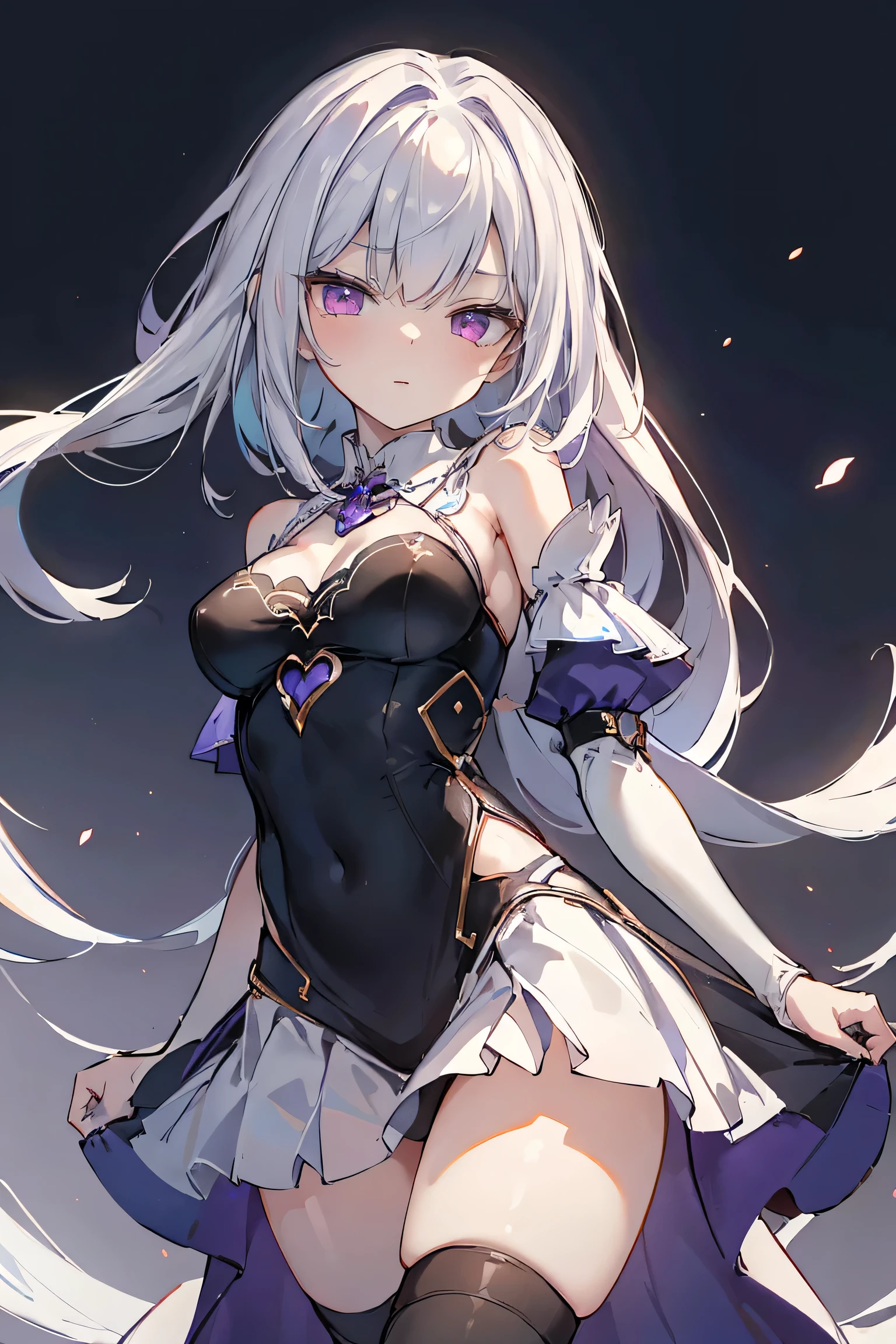 1girl, anime, cute girl, blank background, white background, fantasy, detailed fantasy dress with highlights, beautiful face, beautiful eyes, dark colors, black hair with multicolor streaks, red eye with different color pupil in eye, multicolor eye, medium breasts, slight cleavage, beautiful skin, cute, breast curtains, extremely delicate and beautiful, (beautiful detailed face:1.0), (detailed deep eyes), symmetrical breasts, deep eyes, shiny skin, portrait, slender waist, hips wider than shoulders, thighs, expressionless, young girl, luminous eyes, adorable，（Kpop idol）,（aegyo sal：1），（Platinum blonde hair：1），（（puffy eye）），Black panty，sexy posture，Superskirt, Ultra-high resolution，Black collar，slim figure, Abdominal y tattoo, womb tattoo，Tight-fitting leg ring，y tattoo on half-body，Bare skin, Armored hand，Hidden fingertips，Hand covered，Arm covered，Fist covered,{{beautiful detailed fingers}}, tufts of hair, moderate beautiful breast:1.0,(masterpiece:1.2), best quality, high-res, HDR, perfect face, intricate armor, delicate blue filigree, intricate filigree, red metalic parts, detailed part, dynamic pose, dynamic lights, cute face, neutral expression, shuimobysim, lotus, hanfu, maxi skirt, dress conservatively 1girl, solo, long blue hair, standing, One lady,14years,((White hair) ,((Normal breasts)), (Shiny purple bodysuit with microskirt),((Fantasy, Moon Night))