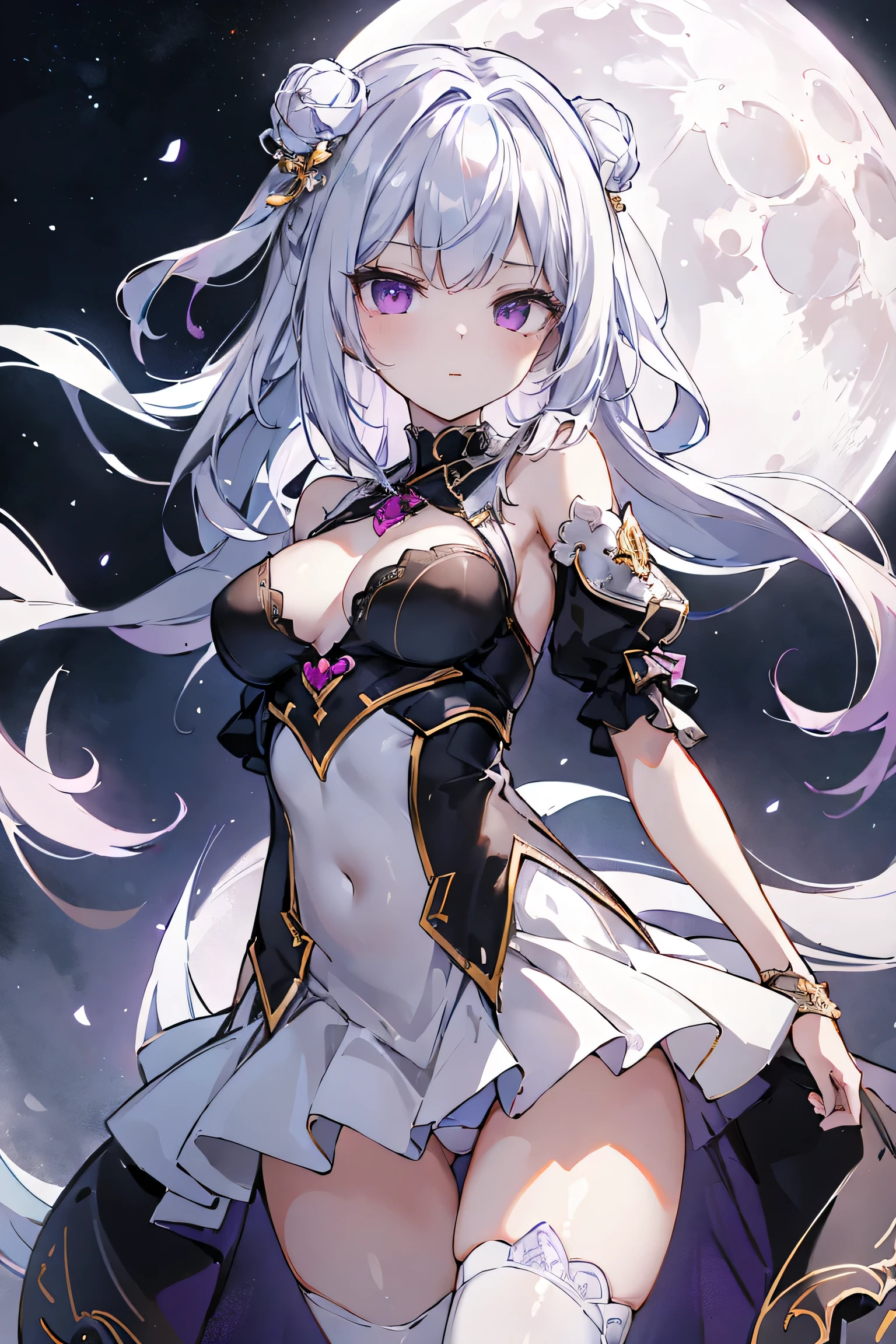 1girl, anime, cute girl, blank background, white background, fantasy, detailed fantasy dress with highlights, beautiful face, beautiful eyes, dark colors, black hair with multicolor streaks, red eye with different color pupil in eye, multicolor eye, medium breasts, slight cleavage, beautiful skin, cute, breast curtains, extremely delicate and beautiful, (beautiful detailed face:1.0), (detailed deep eyes), symmetrical breasts, deep eyes, shiny skin, portrait, slender waist, hips wider than shoulders, thighs, expressionless, young girl, luminous eyes, adorable,(Kpop idol),(aegyo sal:1),(Platinum blonde hair:1),((puffy eye)),Black panty,sexy posture,Superskirt, Ultra-high resolution,Black collar,slim figure, Abdominal y tattoo, womb tattoo,Tight-fitting leg ring,y tattoo on half-body,Bare skin, Armored hand,Hidden fingertips,Hand covered,Arm covered,Fist covered,{{beautiful detailed fingers}}, tufts of hair, moderate beautiful breast:1.0,(masterpiece:1.2), best quality, high-res, HDR, perfect face, intricate armor, delicate blue filigree, intricate filigree, red metalic parts, detailed part, dynamic pose, dynamic lights, cute face, neutral expression, shuimobysim, lotus, hanfu, maxi skirt, dress conservatively 1girl, solo, long blue hair, standing, One lady,14years,((White hair) ,((Normal breasts)), (Shiny purple bodysuit with microskirt),((Fantasy, Moon Night))