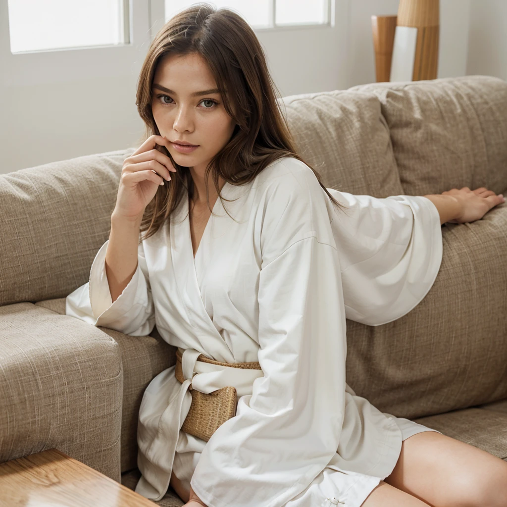 Female supermodel. White Kimono. Wood. Living room. Close-up.