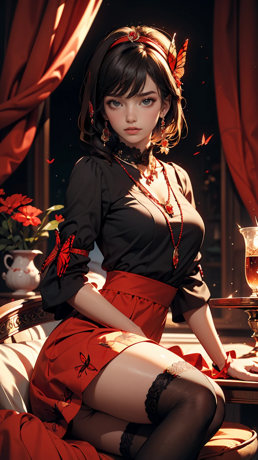 Expressionless,,(Dark fantasy),((Great illustrations)),(Detail Splash), Long black hair, Red pupils, girl, Pure black dress, Collar only, The sleeves and skirt are dark red, A red butterfly barrette is attached to the side of her ear., masterpiece, 最high quality, high quality, Headpiece,, red and black crystal necklace, Black knee socks