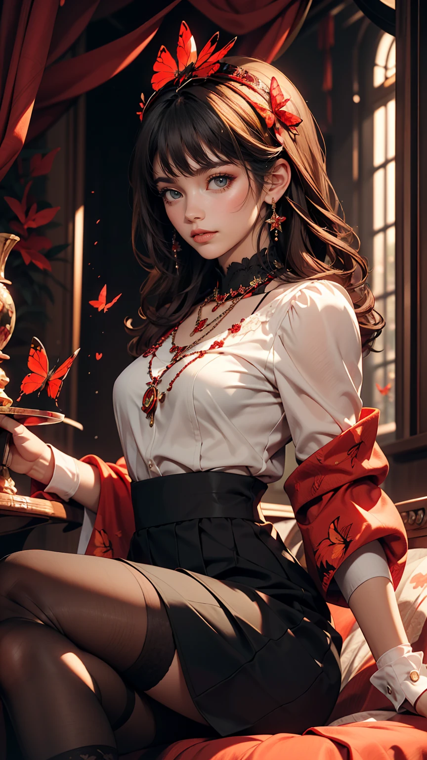 Expressionless,,(Dark fantasy),((Great illustrations)),(Detail Splash), Long black hair, Red pupils, girl, Pure black dress, Collar only, The sleeves and skirt are dark red, A red butterfly barrette is attached to the side of her ear., masterpiece, 最high quality, high quality, Headpiece,, red and black crystal necklace, Black knee socks