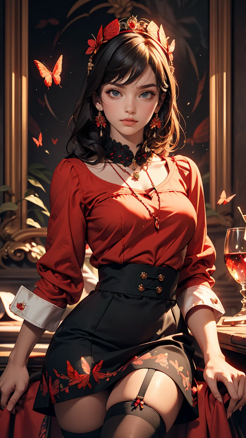 Expressionless,,(Dark fantasy),((Great illustrations)),(Detail Splash), Long black hair, Red pupils, girl, Pure black dress, Collar only, The sleeves and skirt are dark red, A red butterfly barrette is attached to the side of her ear., masterpiece, 最high quality, high quality, Headpiece,, red and black crystal necklace, Black knee socks