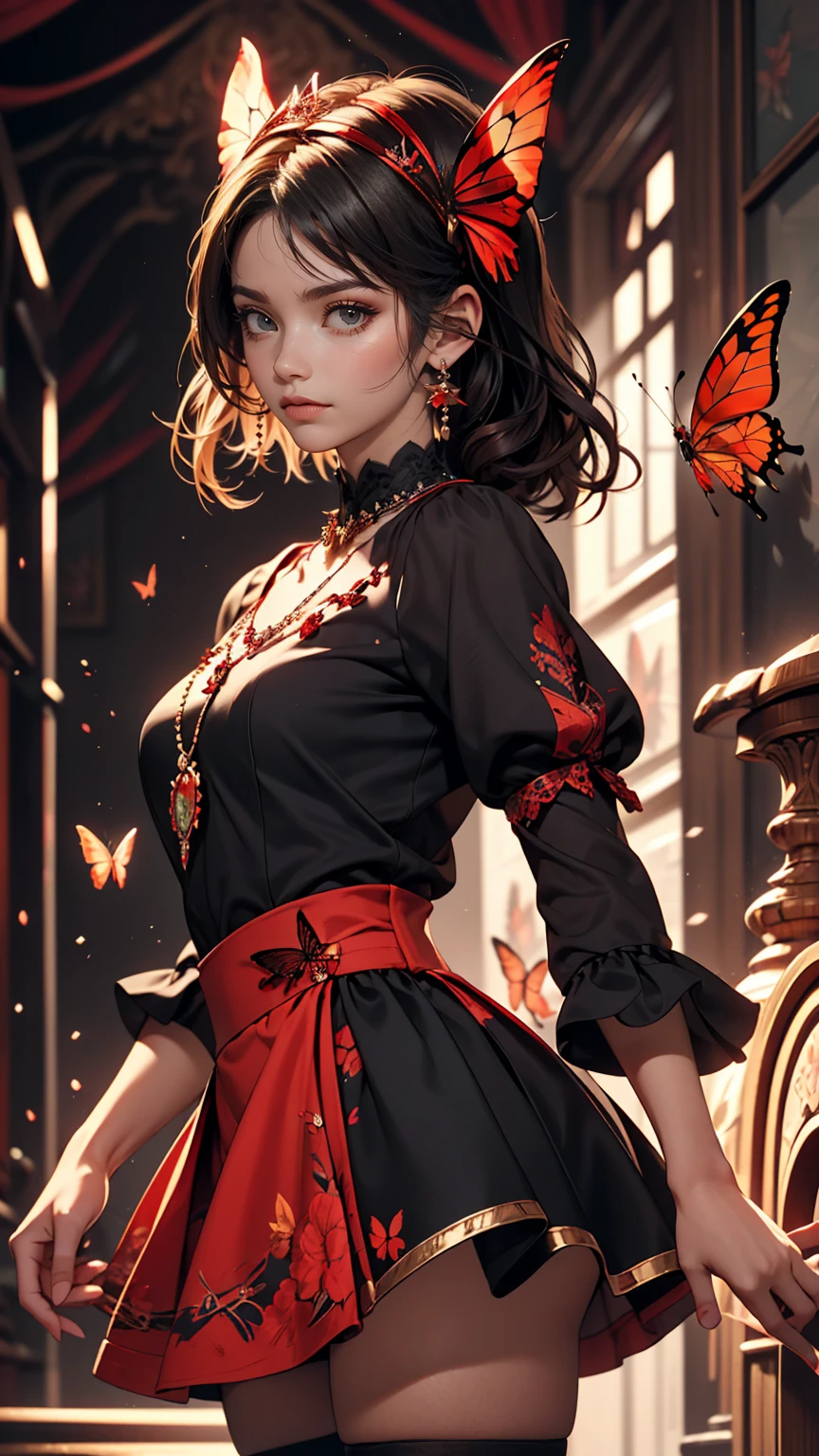 Expressionless,,(Dark fantasy),((Great illustrations)),(Detail Splash), Long black hair, Red pupils, girl, Pure black dress, Collar only, The sleeves and skirt are dark red, A red butterfly barrette is attached to the side of her ear., masterpiece, 最high quality, high quality, Headpiece,, red and black crystal necklace, Black knee socks