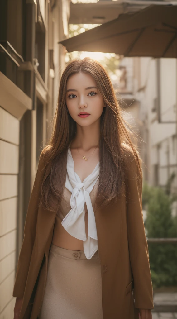 ((Realistic lighting、top-quality、8K、masterpiece:1.3))、Clear focus:1.2、1girl in、Perfect figure:1.lim abs:1.1、((lightbrown hair))、(Fashionable autumn clothes)、(outside of house、natta:1.1)、et、Super fine face、Narrow-eyed、double eyelid、