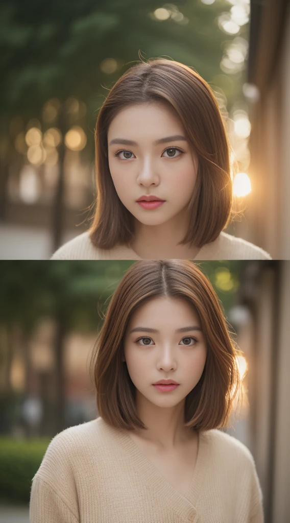 ((Realistic lighting、top-quality、8K、masterpiece:1.3))、Clear focus:1.2、1girl in、Perfect figure:1.4、Slim abs:1.1、((lightbrown hair))、(Fashionable autumn clothes)、(outside of house、natta:1.1)、Street、Super fine face、Narrow-eyed、double eyelid、
