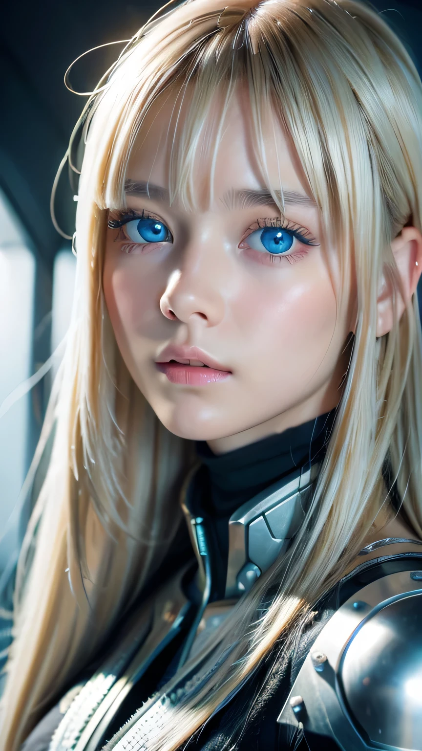 highest quality、8k Masterpiece、Ultra-high resolution、(Realistic:1.3)、RAW Photos、14 year old Scandinavian girl with shiny blonde hair、Silvery blonde hair、Super long straight hair、目とBangs between the eyes、bangs on the face、Bangs that cover the eyes、片Bangs that cover the eyes、Bangs between the eyes、White and glowing skin、1. Cyberpunk Super Beautiful Soldier、((Ultra-Realistic Details))、Portraiture、Global Illumination、Shadow Realm、Octane Rendering、8k、Ultra Sharp、Metal、Cool colors、、Very intricate detail、Realistic Light、Trends of the CG Association、so beautiful, Big bright blue eyes、Very big eyes、Eyes shining at the camera、Neon Details、Small Face Beauty、Round face、Cheek highlight
