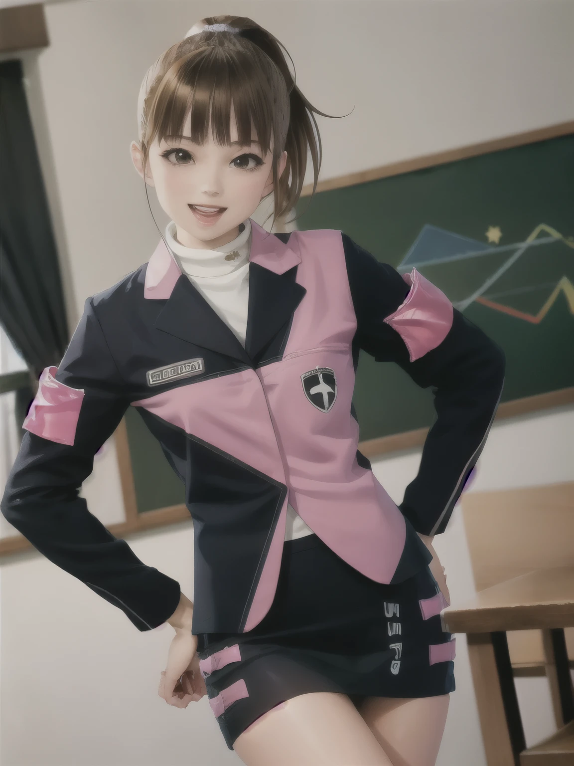 ((masterpiece,highest quality)),realistic,Big 、real photo、 (Highly detailed CG), (Ray Tracing) (highest quality), Perfect Face, Shiny skin, Shiny skin, , Depth of written boundary,Wide Hips, Tight waist,  Umeko, Brown Hair, skirt, ponytail, Jacket, boots, pencil skirt, uniform, Brown eyes, Long sleeve, short hair, Black footwear, star (symbol), blush, bangs, Armband,indoor,Hands on hips, :d