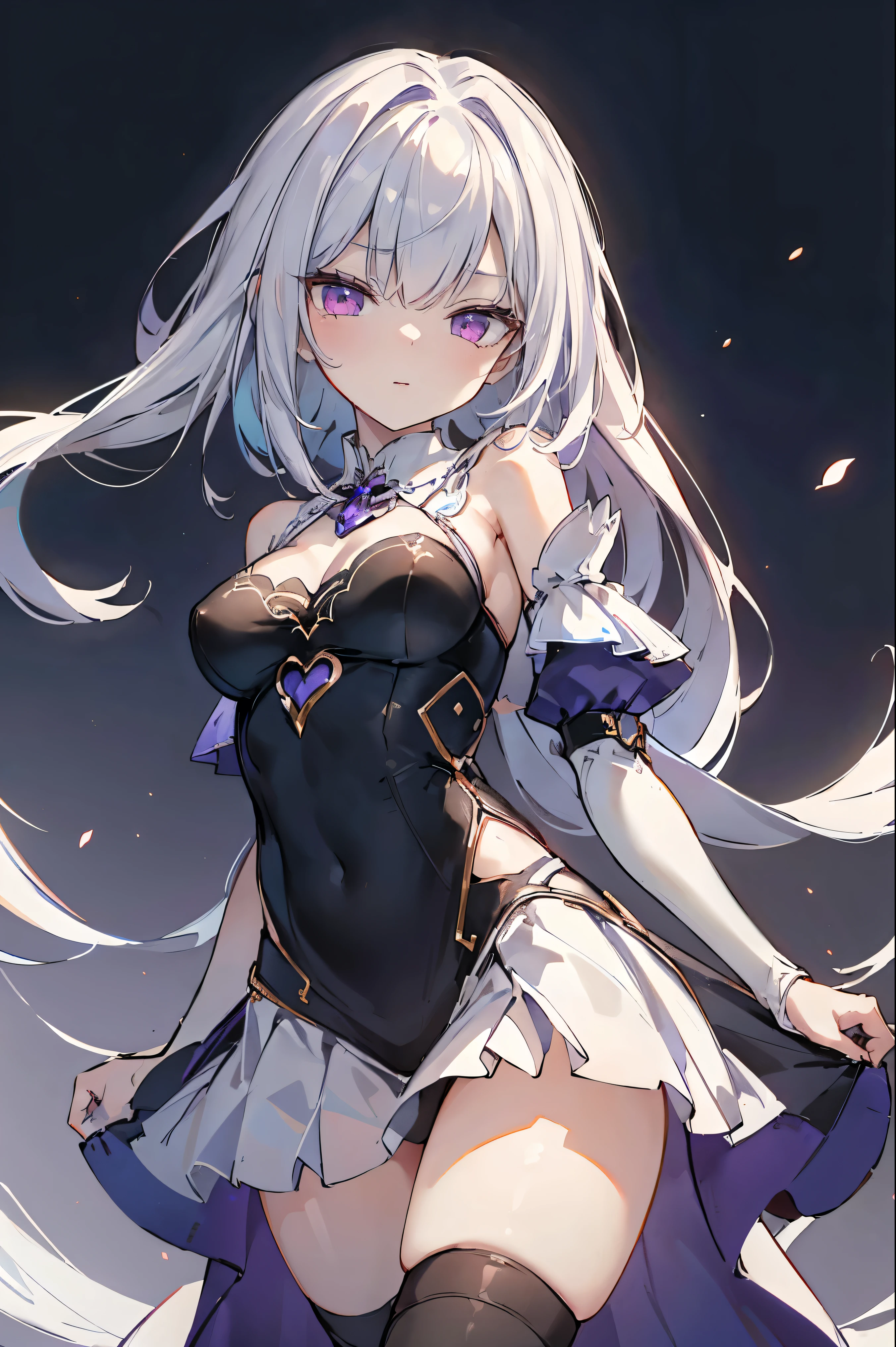 1girl, anime, cute girl, blank background, white background, fantasy, detailed fantasy dress with highlights, beautiful face, beautiful eyes, dark colors, black hair with multicolor streaks, red eye with different color pupil in eye, multicolor eye, medium breasts, slight cleavage, beautiful skin, cute, breast curtains, extremely delicate and beautiful, (beautiful detailed face:1.0), (detailed deep eyes), symmetrical breasts, deep eyes, shiny skin, portrait, slender waist, hips wider than shoulders, thighs, expressionless, young girl, luminous eyes, adorable,(Kpop idol),(aegyo sal:1),(Platinum blonde hair:1),((puffy eye)),Black panty,sexy posture,Superskirt, Ultra-high resolution,Black collar,slim figure, Abdominal y tattoo, womb tattoo,Tight-fitting leg ring,y tattoo on half-body,Bare skin, Armored hand,Hidden fingertips,Hand covered,Arm covered,Fist covered,{{beautiful detailed fingers}}, tufts of hair, moderate beautiful breast:1.0,(masterpiece:1.2), best quality, high-res, HDR, perfect face, intricate armor, delicate blue filigree, intricate filigree, red metalic parts, detailed part, dynamic pose, dynamic lights, cute face, neutral expression, shuimobysim, lotus, hanfu, maxi skirt, dress conservatively 1girl, solo, long blue hair, standing, One lady,14years,((White hair) ,((Normal breasts)), (Shiny purple bodysuit with microskirt),((Fantasy, Moon Night))