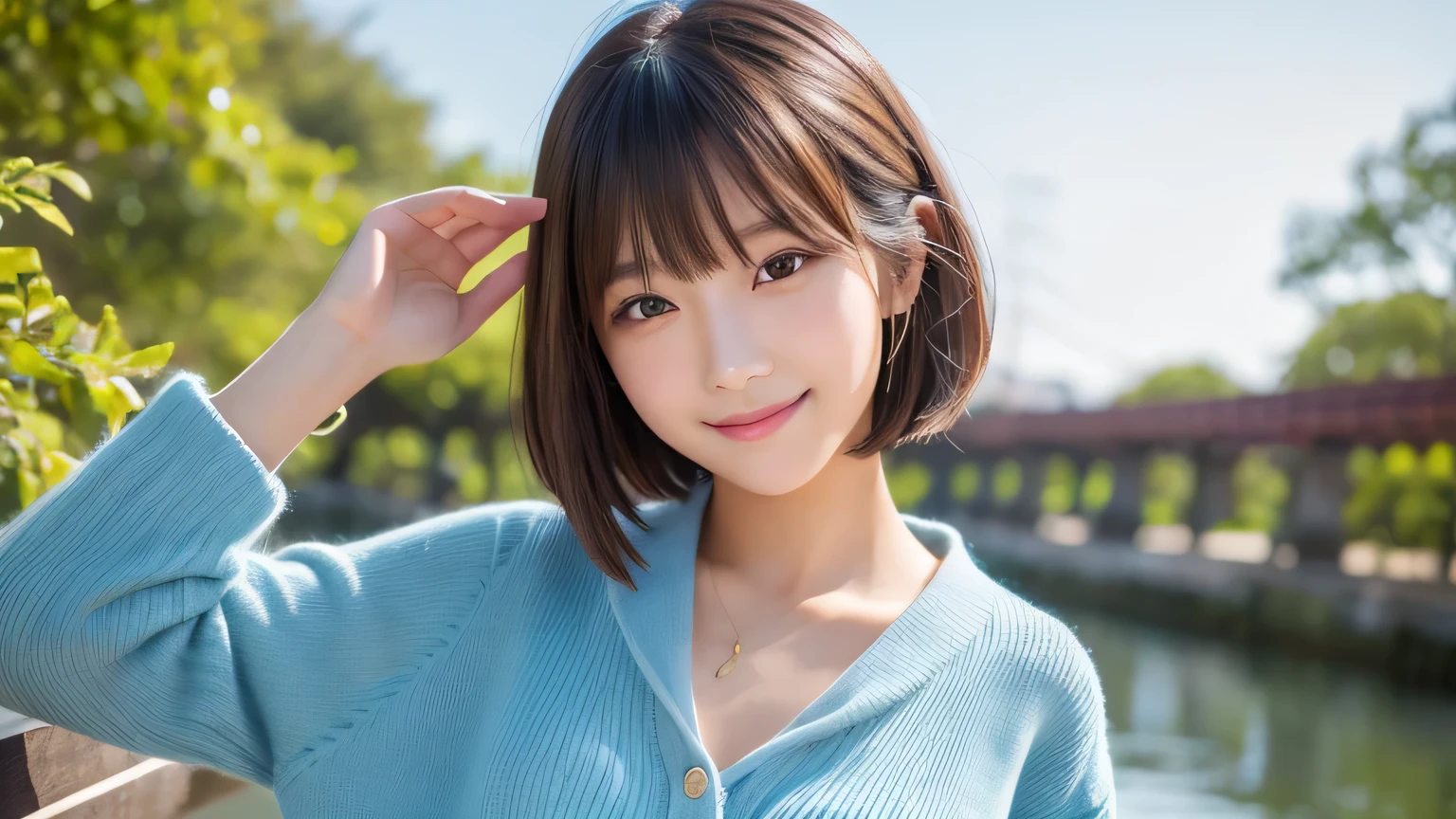 Produce the highest quality and highest resolution 8K images。The model is a 20-year-old Japanese woman.。She has brown eyes and a model figure.、She has an idol-level cute face.。Her hair is bob。Skin has a healthy color。Clothes、６Dressed for the month。She is smiling and posing for the camera。