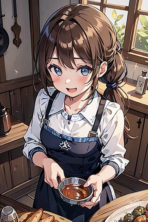 (from above:1.2) (highest quality:1.5),(8k,masterpiece, top quality, best quality,beautiful and aesthetic:1.2,professional illustrasion:1.1,ultra detail:1.3,perfect lighting),extremely detailed,highest detailed,incredibly absurdres , highres, ultra detailed,intricate:1.3,(Alchemy Workshop:1.4),A girl mixing,Medicine in many small bottles,colorful:1.4,zentangle,(1girl),(highly detailed beautiful face and eyes,firm breasts),real skin,((brown hair,long pony tail hair)),thin pubic hair:1.3,cute,lovely,17 years old, learning a cook, alchemist costume,smile,in the kitchen,smile,seductive weak smiling,(with sparkling eyes and a contagious smile),open mouth, Looking at Viewer,