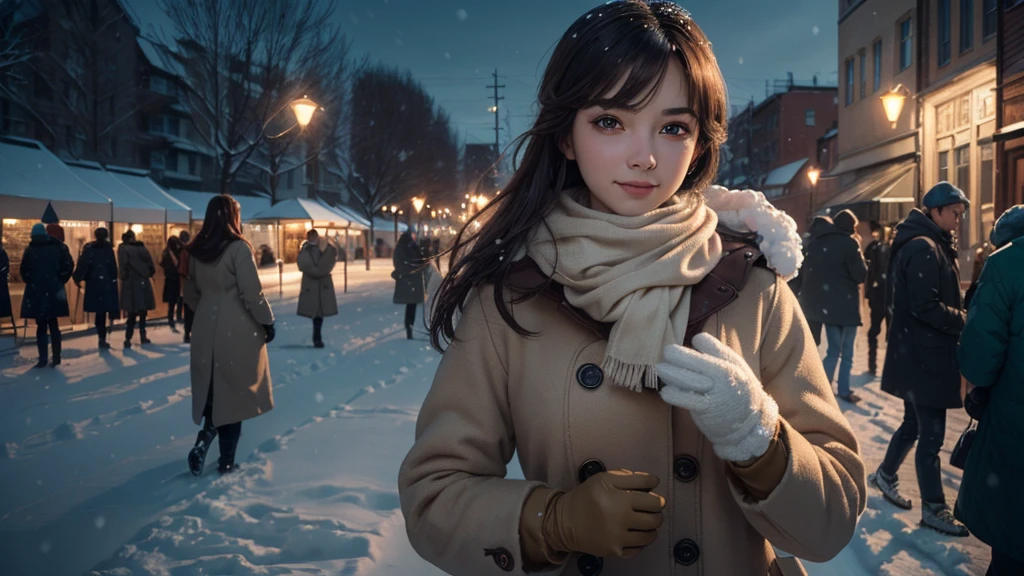 (best quality, highres, ultra-detailed, realistic:1.37), beautiful Japanese woman, Naru Naruegawa, soft brown eyes, long brown hair flowing in the winter breeze, beautiful detailed lips, winter coat opened revealing her slender figure, vibrant and warm against the snowy backdrop, big bouncing breasts subtly accentuated, gracefully walking through the snow-covered campus of Tokyo University as delicate snowflakes fall gently around her, the night sky illuminated by the soft glow of streetlights casting a magical ambiance over the scene, reminiscent of a scene from the Love Hina anime.