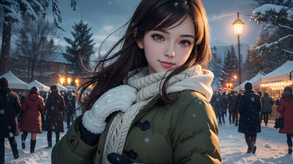 ((masterpiece, highest quality, High resolution, 超High resolution, Pixel perfect, Depth of written boundary, 4K, RTX, High resolution)), One girl, single, alone, 24-years-old, Beautiful Anime Girls, Beautiful art style, Anime characters, ((Long Hair, Parted bangs, Brown Hair)), (Green Eyes:1.4, Round eyes, Beautiful eyelashes, Realistic eyes), (Detailed face, Blushing:1.2), (Smooth texture:0.75, Realistic texture:0.65, Realistic:1.2, Cinematic, Anime CG Style), Medium chest,  Perfect body, Big Breasts, (Dynamic Angle, throw, close), ((winter clothes, Long coat, Mittens, gloves, Long underwear)), night, night lamp, City lights, Bokeh:1.4, (Outdoor, City Buildings, crowd), ((winter, snow, snow crystal, winter pine trees)), Sly Smile, Open your mouth