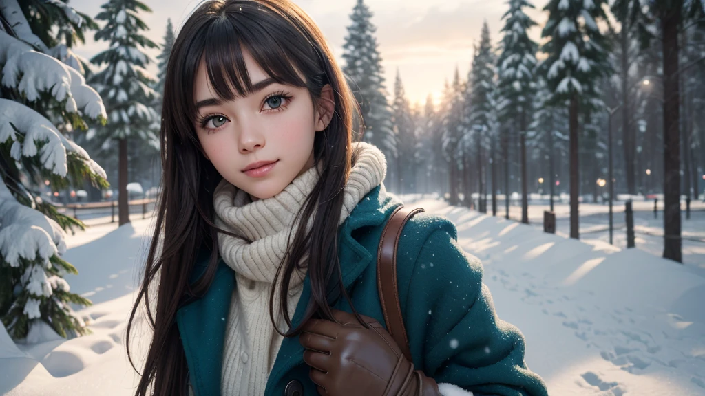 ((masterpiece, highest quality, High resolution, 超High resolution, Pixel perfect, Depth of written boundary, 4K, RTX, High resolution)), One girl, single, alone, 24-years-old, Beautiful Anime Girls, Beautiful art style, Anime characters, ((Long Hair, Parted bangs, Brown Hair)), (Green Eyes:1.4, Round eyes, Beautiful eyelashes, Realistic eyes), (Detailed face, Blushing:1.2), (Smooth texture:0.75, Realistic texture:0.65, Realistic:1.2, Cinematic, Anime CG Style), Medium chest,  Perfect body, Big Breasts, (Dynamic Angle, throw, close), ((winter clothes, Long coat, Mittens, gloves, Long underwear)), night, night lamp, City lights, Bokeh:1.4, (Outdoor, City Buildings, crowd), ((winter, snow, snow crystal, winter pine trees)), Sly Smile, Open your mouth