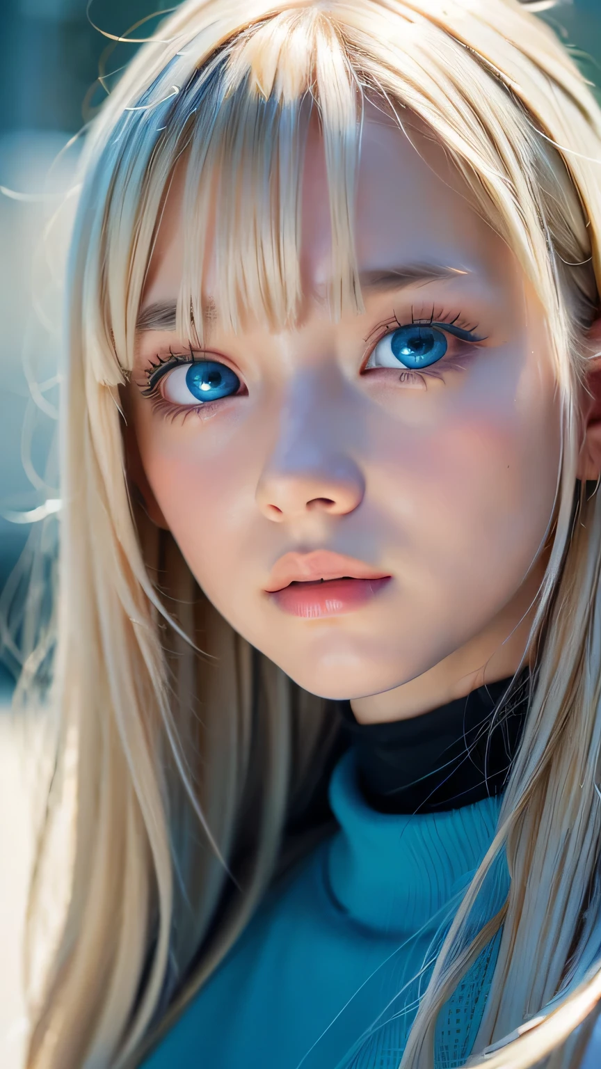 highest quality、8k Masterpiece、Ultra-high resolution、(Realistic:1.3)、RAW Photos、14 year old Scandinavian girl with shiny blonde hair、Silvery blonde hair、Super long straight hair、目とBangs between the eyes、bangs on the face、Bangs that cover the eyes、片Bangs that cover the eyes、Bangs between the eyes、White and glowing skin、1. Cyberpunk Super Beautiful Soldier、((Ultra-Realistic Details))、Portraiture、Global Illumination、Shadow Realm、Octane Rendering、8k、Ultra Sharp、Metal、Cool colors、、Very intricate detail、Realistic Light、Trends of the CG Association、so beautiful, Big bright blue eyes、Very big eyes、Eyes shining at the camera、Neon Details、Small Face Beauty、Round face、Cheek highlight