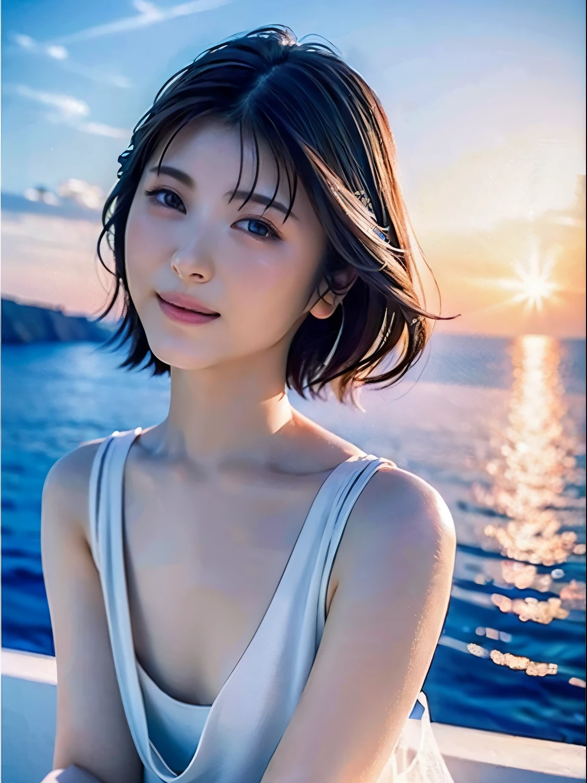 1 girl, (Dress in trendy fashion:1.2), (RAW Photos, highest quality), (Realistic, Photorealistic:1.4), masterpiece, Very delicate and beautiful, Very detailed, 2k wallpaper, wonderful, finely, Very detailed CG Unity 8K 壁紙, Very detailed, High resolution, Soft Light, Beautiful detailed girl, Very detailed目と顔, Beautiful and detailed nose, Beautiful and detailed, short hair, small, The White House of Santorini, Blue sky and the Aegean Sea,
 Cinema Lighting, Perfect Anatomy, Slender body, smile