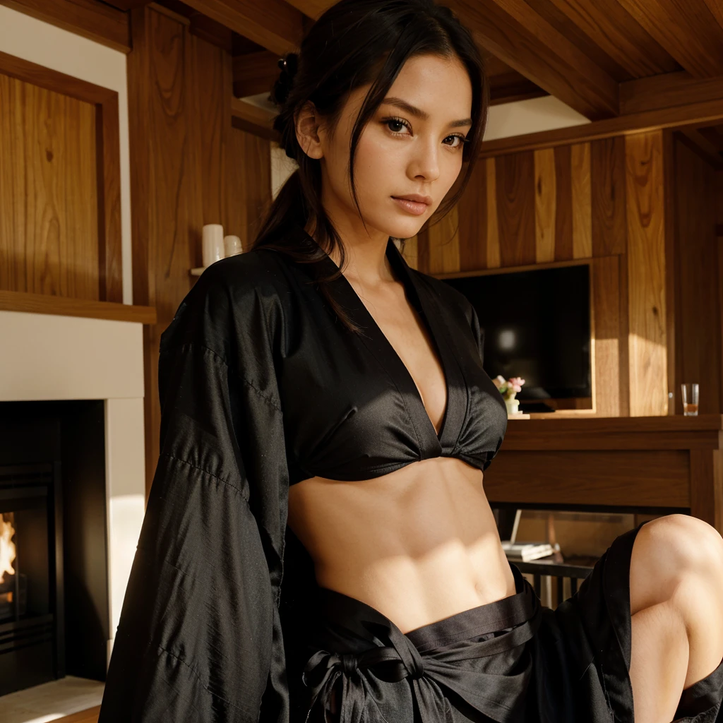 Female supermodel. Black Kimono. Wood. Living room. Close-up.