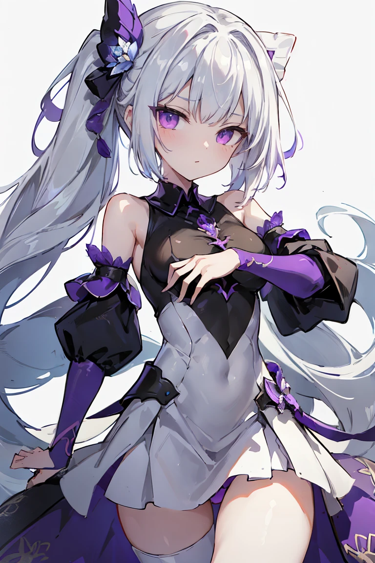 1girl, anime, cute girl, blank background, white background, fantasy, detailed fantasy dress with highlights, beautiful face, beautiful eyes, dark colors, black hair with multicolor streaks, red eye with different color pupil in eye, multicolor eye, medium breasts, slight cleavage, beautiful skin, cute, breast curtains, extremely delicate and beautiful, (beautiful detailed face:1.0), (detailed deep eyes), symmetrical breasts, deep eyes, shiny skin, portrait, slender waist, hips wider than shoulders, thighs, expressionless, young girl, luminous eyes, adorable,(Kpop idol),(aegyo sal:1),(Platinum blonde hair:1),((puffy eye)),Black panty,sexy posture,Superskirt, Ultra-high resolution,Black collar,slim figure, Abdominal y tattoo, womb tattoo,Tight-fitting leg ring,y tattoo on half-body,Bare skin, Armored hand,Hidden fingertips,Hand covered,Arm covered,Fist covered,{{beautiful detailed fingers}}, tufts of hair, moderate beautiful breast:1.0,(masterpiece:1.2), best quality, high-res, HDR, perfect face, intricate armor, delicate blue filigree, intricate filigree, red metalic parts, detailed part, dynamic pose, dynamic lights, cute face, neutral expression, shuimobysim, lotus, hanfu, maxi skirt, dress conservatively 1girl, solo, long blue hair, standing, One lady,14years,((White hair) ,((Normal breasts)), (Shiny purple bodysuit with microskirt),((Fantasy, Moon Night))