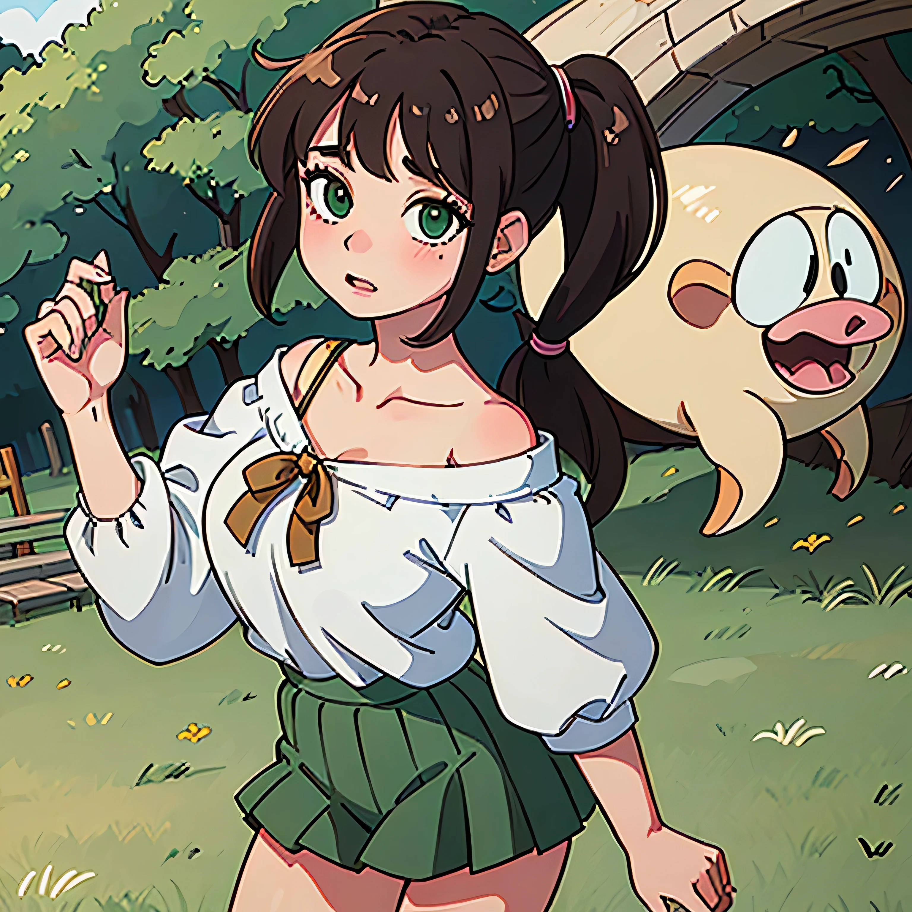 masterpiece, best_quality, perfect_face, anime, 4k_resolution, expressive_eyes, 1girl, voluptuous body, blush, shy expression, white off-the-shoulder shirt, mini skirt, green eyes, brown hair and pigtails, in the park