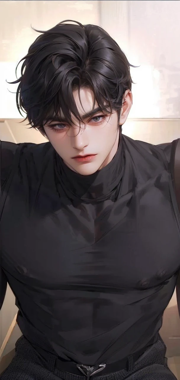 (masterpiece,best quality,ultra_detailed,highres,absurdres),1 mature male, 30-ish, (wide shoulder), ((no chest hair)), male focus, solo, dark black hair ,black eyes, short hair, looking at viewer, realistic, muscular,