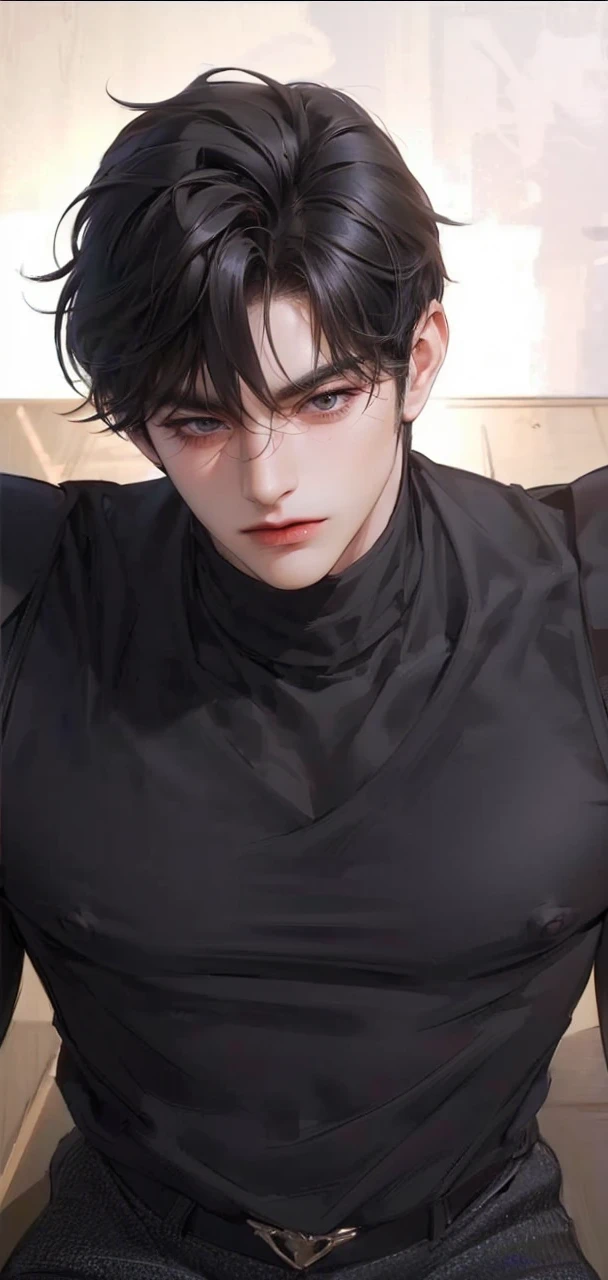 (masterpiece,best quality,ultra_detailed,highres,absurdres),1 mature male, 30-ish, (wide shoulder), ((no chest hair)), male focus, solo, dark black hair ,black eyes, short hair, looking at viewer, realistic, muscular,