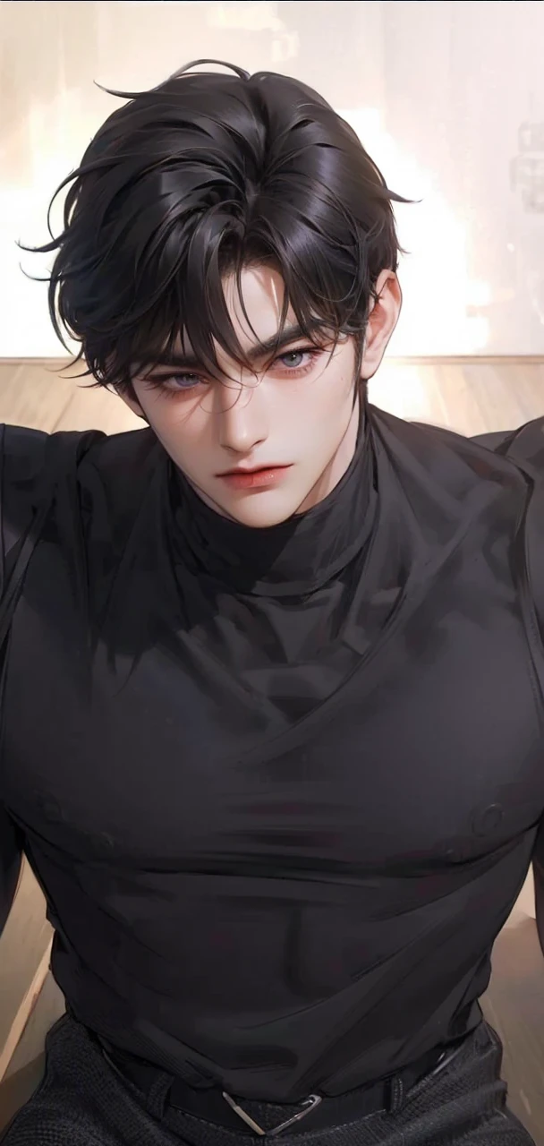 (masterpiece,best quality,ultra_detailed,highres,absurdres),1 mature male, 30-ish, (wide shoulder), ((no chest hair)), male focus, solo, dark black hair ,black eyes, short hair, looking at viewer, realistic, muscular, 