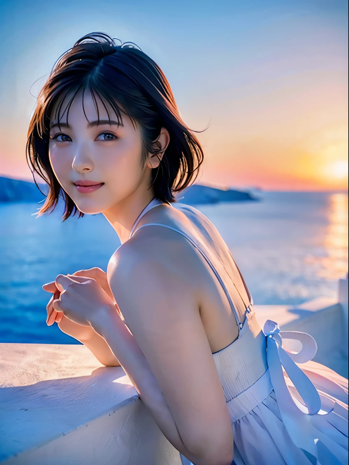 1 girl, (Dress in trendy fashion:1.2), (RAW Photos, highest quality), (Realistic, Photorealistic:1.4), masterpiece, Very delicate and beautiful, Very detailed, 2k wallpaper, wonderful, finely, Very detailed CG Unity 8K 壁紙, Very detailed, High resolution, Soft Light, Beautiful detailed girl, Very detailed目と顔, Beautiful and detailed nose, Beautiful and detailed, short hair, small, The White House of Santorini, Blue sky and the Aegean Sea,
 Cinema Lighting, Perfect Anatomy, Slender body, smile