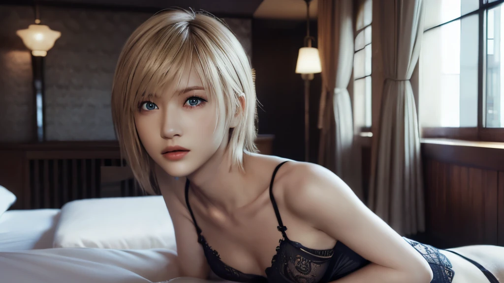 ayabrea, 1girl, solo, looking_at_viewer, realistic, upper_body, (masterpiece:1.2), (best quality), (ultra detailed), (8k, 4k, intricate), (highly detailed:1.2),(detailed face:1.2), (hotel room), (ultra hd wallpaper).Beautiful Skin、blond short hair、blue eyes, (String-like,Belly button,bra)、(black,thong)、Bust C cup、Sit on the bed、(lie on ones side), High resolution, Ultra-realistic, High resolution,、Inside a high-rise building,back view