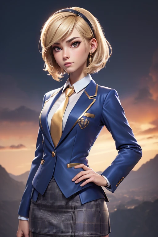 3dmm style,(masterpiece, top quality, best quality, official art, beautiful and aesthetic:1.2), (fractal art:1.3), 1girl, beautiful, high detailed, dark blonde hair, bobcut hair, wavy hair, hairband, makeup, eyeshadow, mascara, lipstick, dark lighting, serious face, looking the sky, sky, medium shot, grey plaid skirt suit, (((three-piece suit))), ((blue dress shirt with white collar)), ((gold necktie)), blazer, suit jacket, waistcoat, bodycon miniskirt, pencil skirt, jewelry, hands on hips, tsundere, grumpy