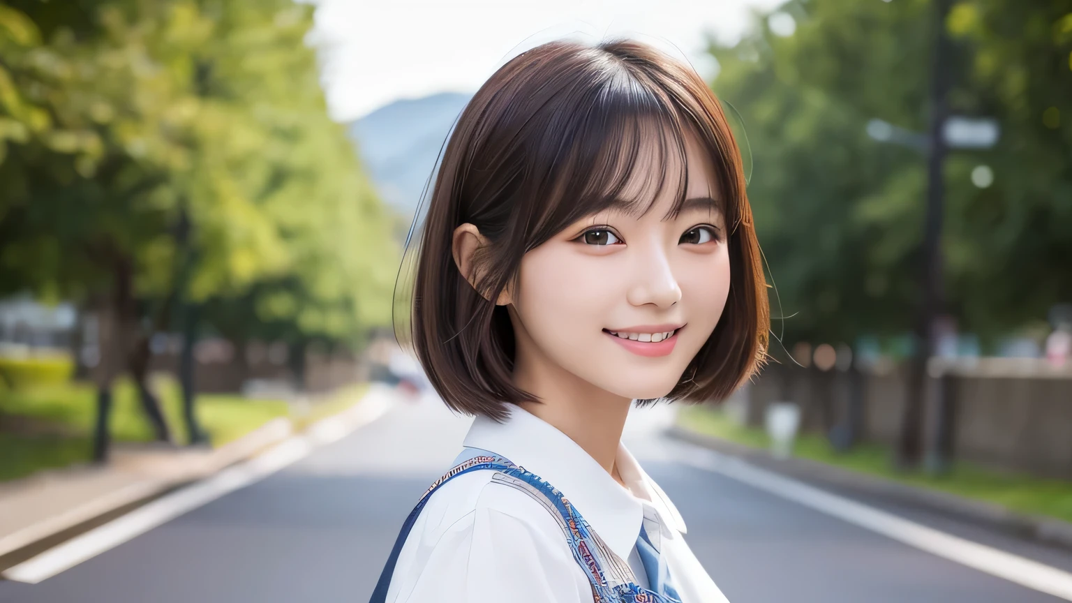 Produce the highest quality and highest resolution 8K images。The model is a 20-year-old Japanese woman.。She has brown eyes and a model figure.、She has an idol-level cute face.。Her hair is bob。Skin has a healthy color。Clothes、6Dressed for the month。She is smiling and posing for the camera。