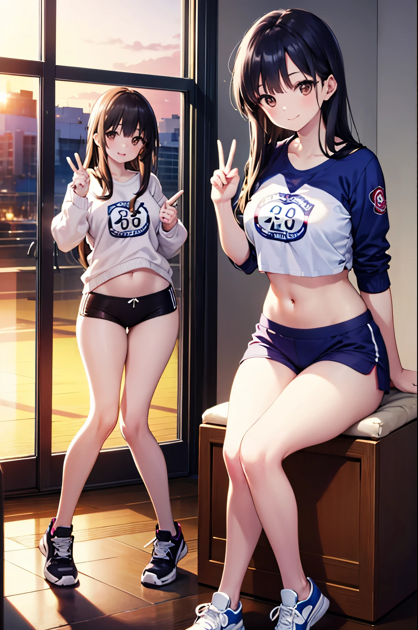 realistic image, detailed image, coherent image, 1 beautiful girl, she has very long hair, black hair, brown eyes, smiling expression. She is wearing a sports top, sweatshirt, showing her navel, thin thong, sports shorts, sneakers, She has a curvy body, medium breasts and thick thighs, She is sitting on her knees with her legs open, arching her back, doing the peace sign, inside a feminine room, next to a window showing the sunset, twilight, soft focus, full body view, dramatic shadows, volumetric lighting, natural lighting,